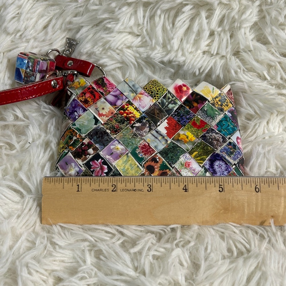 Floral Mosaic Wristlet with Red Strap